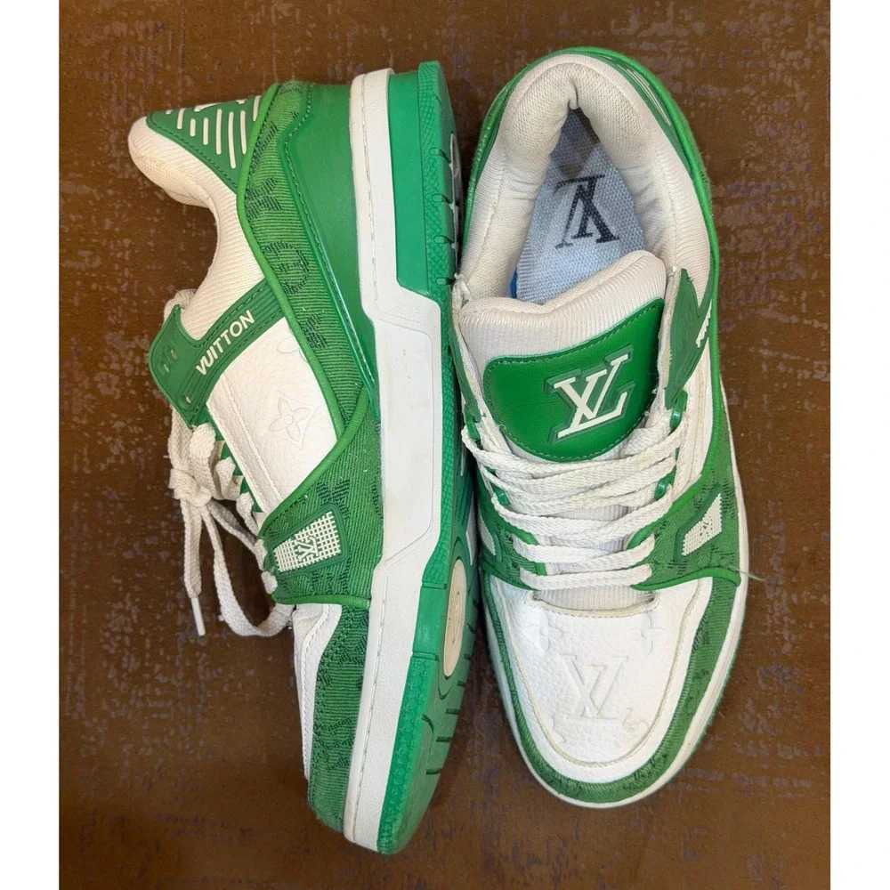 Louis Vuitton Trainer Sneaker Green White Monogram Denim Leather MS0241 Size 44